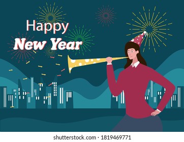 New year vector concept: Young woman blowing trumpet with fireworks and text of happy new year on the sky  