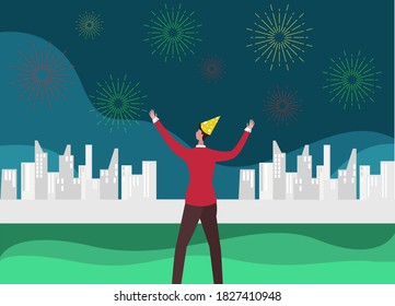 Concepto vectorial de año nuevo: Joven disfrutando de fuegos artificiales en el cielo nocturno mientras celebra el año nuevo 