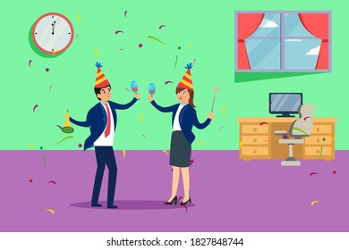 New year vector concept: Young businessman and businesswoman celebrating new year in the office together