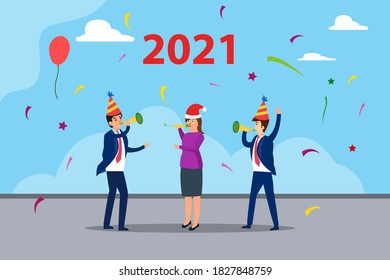 New year vector concept: Young businesswoman and businessmen celebrating new year party while blowing trumpet together