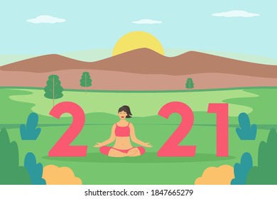 New year vector concept: Young woman doing yoga exercise while sitting with number 2021