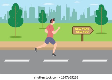 Concepto vectorial de año nuevo: Joven haciendo footing con el nuevo año que escribes en el cartel mientras escuchas la música