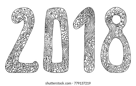 New year vector cute doodles hand drawn sign cartoon style with numbers 2018 on winter holiday background. Christmas mandala. Antistress coloring book for adults. Zen monochrome graphic. 