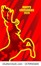 New Year. Vector design. A gold image of a Christmas reindeer on a red background and the silhouette flowers. Vector image.