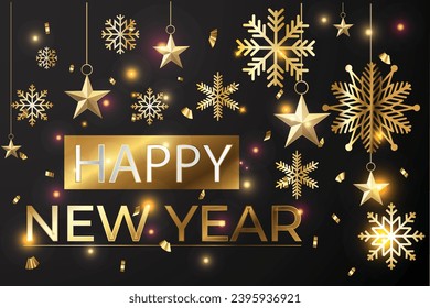 Neujahr Vektordesign mit goldenen Schneeflocken und Sternen. Schönes neues Jahr, dunkler, luxuriöser Hintergrund