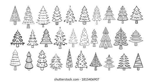 New Year vector doodle Christmas trees. Big collection of Christmas trees with black lines isolated. Website design, greeting card, New Year tree in different styles are hand drawn. Printing on