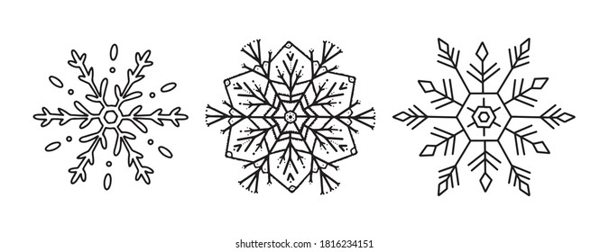New Year vector doodle snowflakes isolated. Set of three beautiful snowflake black thin lines. Printing on packaging, gift paper, greeting cards, clip art, icons.