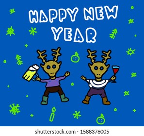New Year vector drawing with drawn drunk deer
