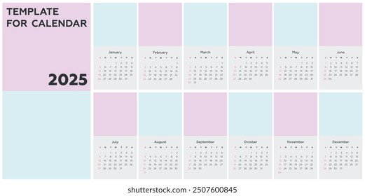 New Year. Vector editable template for classic monthly calendar on 2025. Week starts on Sunday. Annual calendar planner. Agenda organizer square page. Christmas gift
