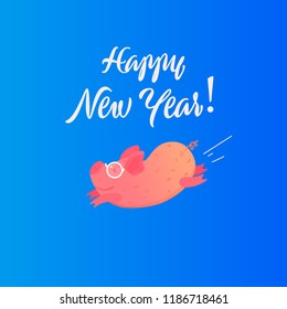 New Year vector flat illustration with pink cute pig. Merry Christmas card in colorful design 