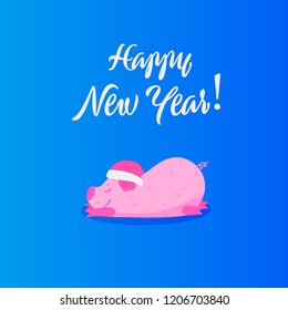 New Year vector flat illustration with pink cute pig. Merry Christmas card in colorful design 