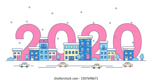 New Year vector flat illustration. snow falls on the city, small houses with windows. good New Year spirit. 2020 year. Christmas card, poster, banner, illustration. Holiday in winter