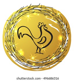 New Year vector golden card.  Shiny Christmas background with ink rooster. 
