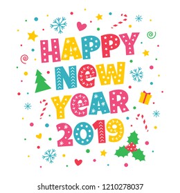 New Year Vector Greeting Card with Colorful Letters with Ornament Red Ribbon, Holly (Ilex), Sparkles, Candy Cane, Gift Box, Snowflakes on White Background
