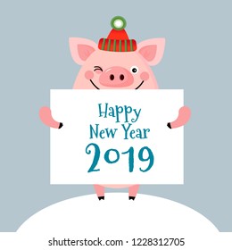 new year vector greeting card with pig holding white banner