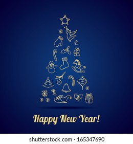 New Year vector greeting card. Christmas vintage greeting card with tree. Merry Christmas lettering, vector illustration. Editable EPS10. 