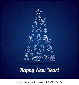 New Year vector greeting card. Christmas vintage greeting card with tree. Merry Christmas lettering, vector illustration. Editable EPS10. 