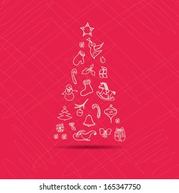 New Year vector greeting card. Christmas vintage greeting card with tree. Merry Christmas lettering, vector illustration. Editable EPS10. 