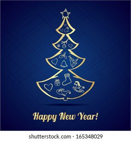 New Year vector greeting card. Christmas vintage greeting card with tree. Merry Christmas lettering, vector illustration. Editable EPS10. 