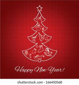 New Year vector greeting card. Christmas vintage greeting card with tree. Happy New year lettering, vector illustration. Editable EPS10.