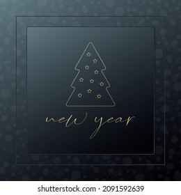 Tarjeta de saludo vectorial de Año Nuevo. Icono de oro del árbol de Navidad con estrellas y fondo de copo de nieve. Cartel de celebración, felicitación, web, diseño, decoración