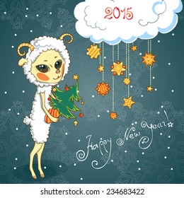 New Year vector greeting card with a cute sheep.