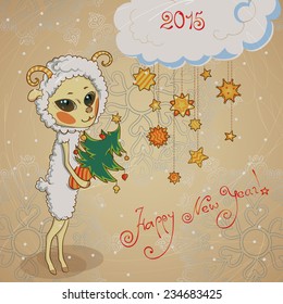 New Year vector greeting card with a cute sheep.