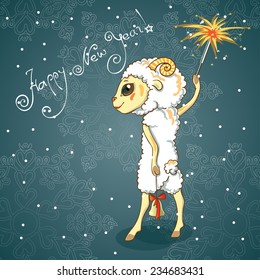 New Year vector greeting card with a cute sheep.