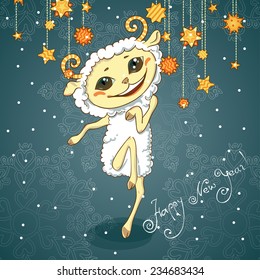 New Year vector greeting card with a cute sheep.