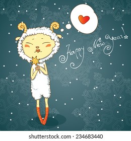New Year vector greeting card with a cute sheep.