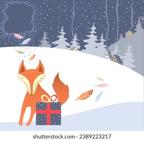 New year vector greeting card with winter Landscape, fox, gift box, Feathers and space for text