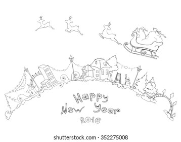 New year vector greeting card. Snow city. Sketch.