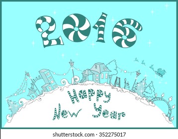   New year vector greeting card. Snow city.