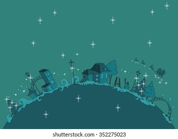   New year vector greeting card. Snow city.
