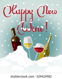 New Year vector greeting card with bottles and glasses of red and white wine