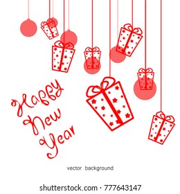 New Year vector greeting card, gifts, festive background, Christmas balls, snowflakes, stars, lines, Christmas, abstract background