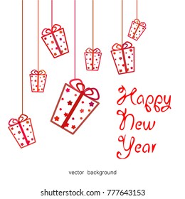 New Year vector greeting card, gifts, festive background, Christmas balls, snowflakes, stars, lines, Christmas, abstract background