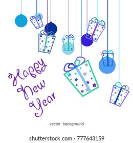New Year vector greeting card, gifts, festive background, Christmas balls, snowflakes, stars, lines, Christmas, abstract background