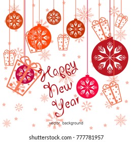 New Year vector greeting card, gifts, festive background, Christmas balls, snowflakes, lines, Christmas, abstract background