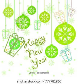 New Year vector greeting card, gifts, festive background, Christmas balls, snowflakes, lines, Christmas, abstract background