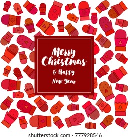 New year vector greeting card, gifts, festive background, mitten, snowflakes, lines, Christmas, abstract background