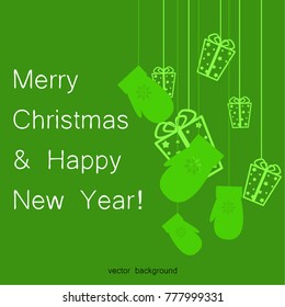 New year vector greeting card, gifts, festive background, mitten, snowflakes, lines, Christmas, abstract background