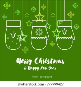 New year vector greeting card, gifts, festive background, mitten, snowflakes, lines, Christmas, abstract background