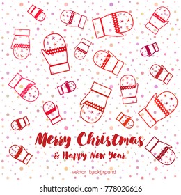 New year vector greeting card, gifts, festive background, mitten, snowflakes, lines, Christmas, abstract background