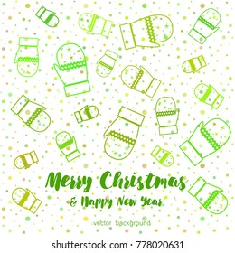 New year vector greeting card, gifts, festive background, mitten, snowflakes, lines, Christmas, abstract background