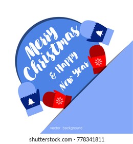 New year vector greeting card, gifts, festive background, mitten, snowflakes, lines, Christmas, abstract background
