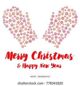 New year vector greeting card, gifts, festive background, mitten, snowflakes, lines, Christmas, abstract background