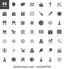 New Year vector icons set, modern solid symbol collection, filled style pictogram pack. Signs, logo illustration. Set includes icons as Champagne glasses, Party Balloons, Gift box, Fireworks