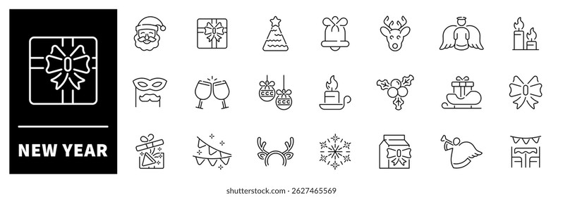 New Year vector icons. New Year thin line icon set. New Year related icons. New Year festive vector outline icon set. Winter holidays celebration icons