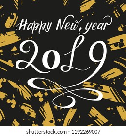 New year vector illustration. New year 2019 print. Happy New year print. Lettering. Perfect for greetings, invitations, manufacture wrapping paper, textile and web design. Gold.